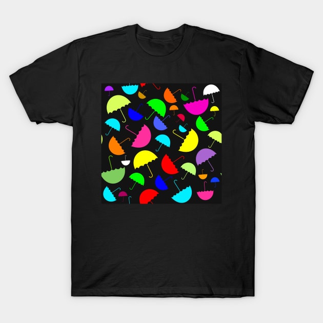 Bright happy colored umbrellas on a black background T-Shirt by pickledpossums